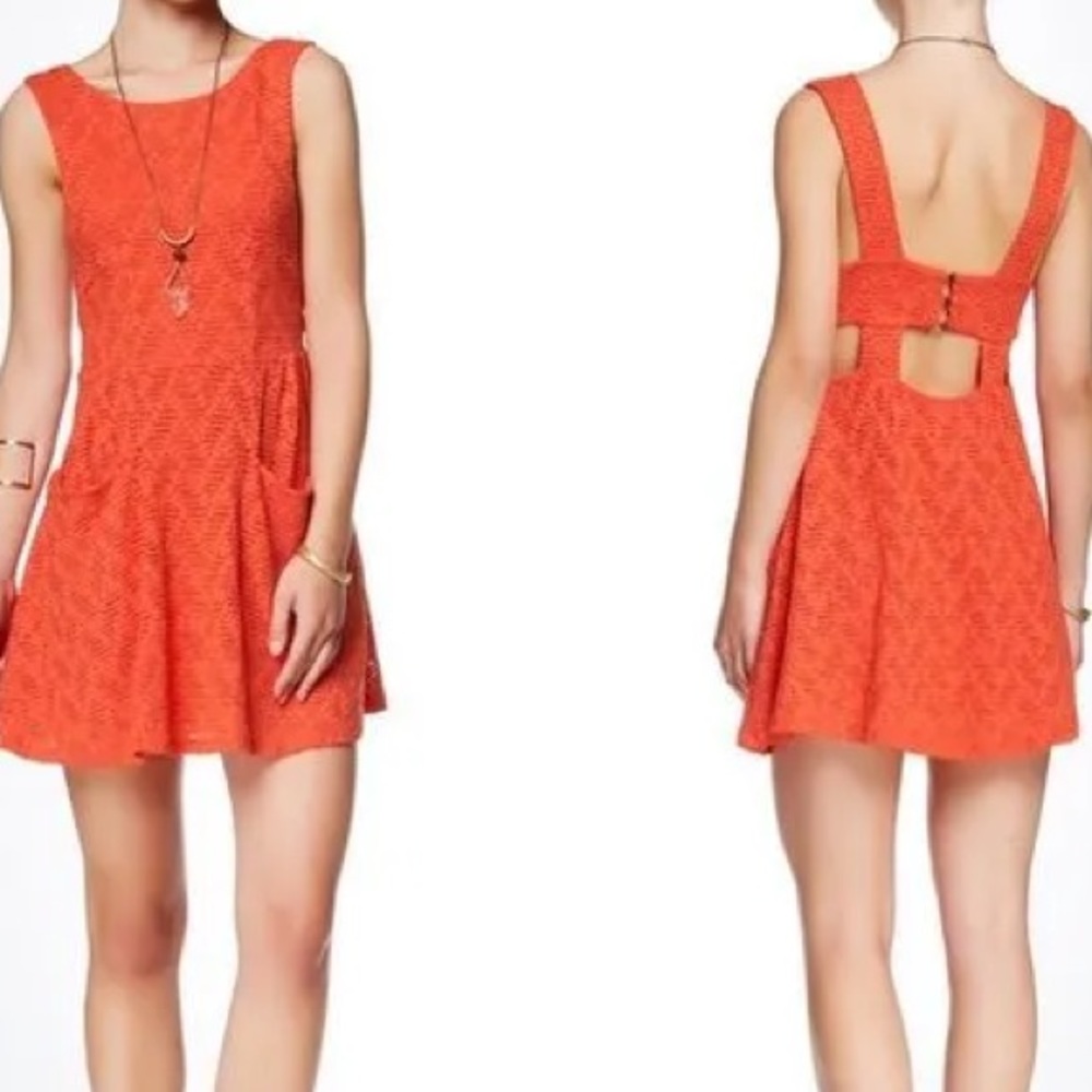 Free people dress pockets short key hole lace orange tank top babydoll poppy Lg